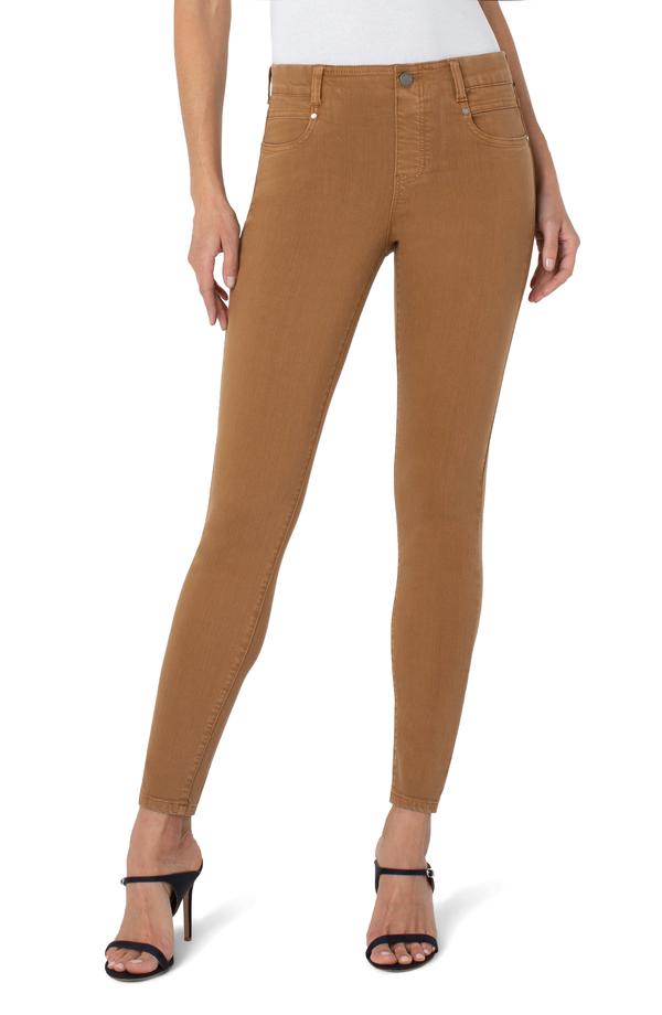 Jeans extensible / taille mi-haute / fausse fermeture éclair avec bouton fonctionnel 