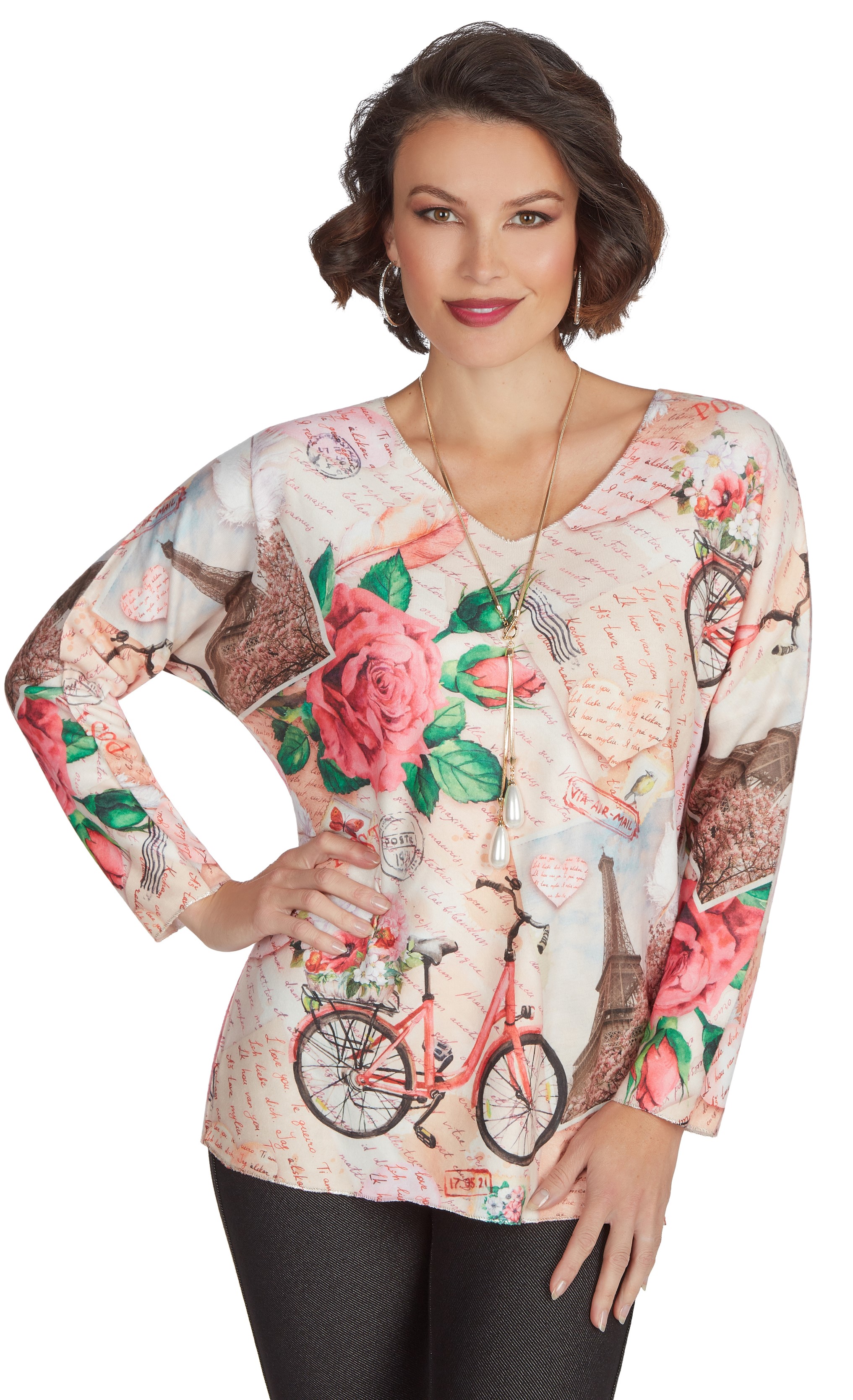 Candail tricot / col en V / motif floral, bicyclette. écriture Candail tricot / col en V / motif floral, bicyclette. écriture