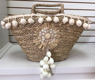 Sac de paille tissé / avec pompons 